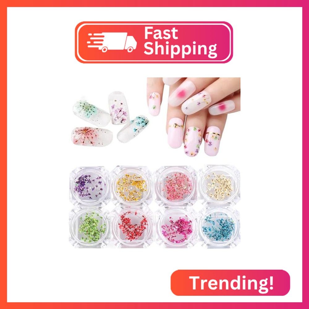 WOKOTO 8 Boxes Mini Dry Flowers Nail Art Stickers 3D Spring Floral Nail Decals C