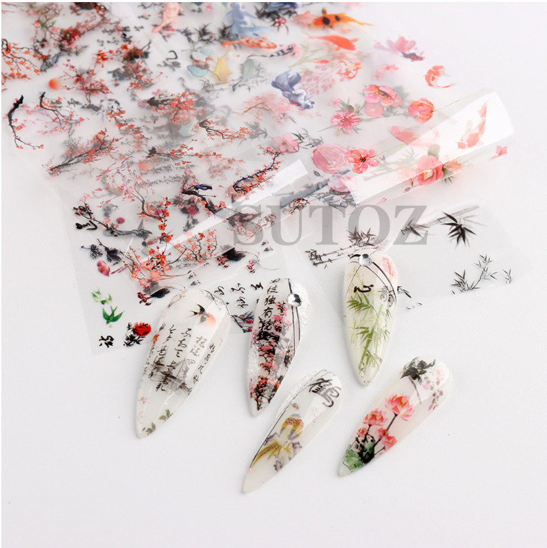 10Pcs Ink Asian Pictures Flower Nail Art Transfer Foil Sticker Manicure RTY NS54