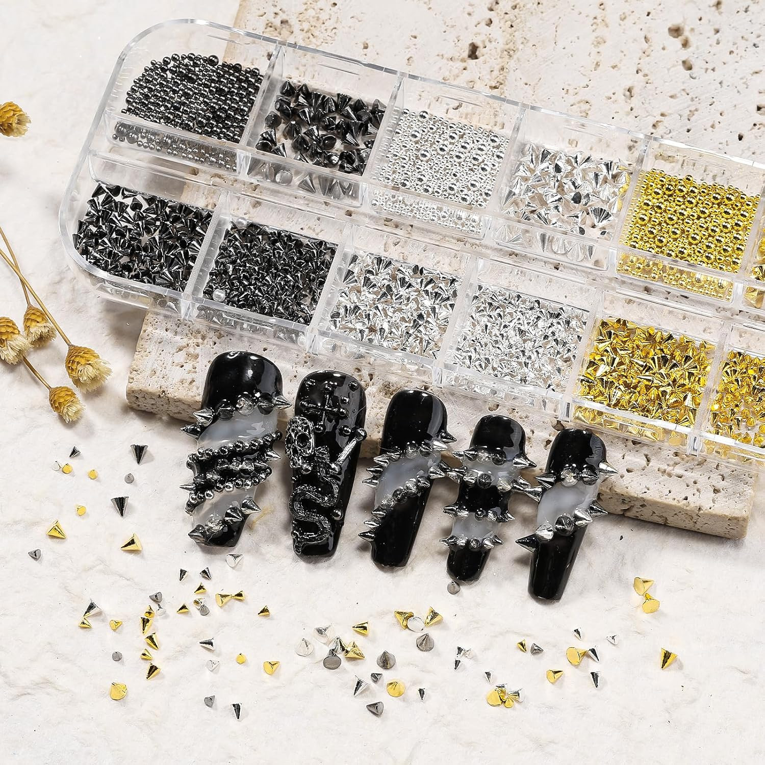 3D Mini Metal Punk Nail Art Studs, Mixed Sizes Gold Silver Black Alloy Cone Spik