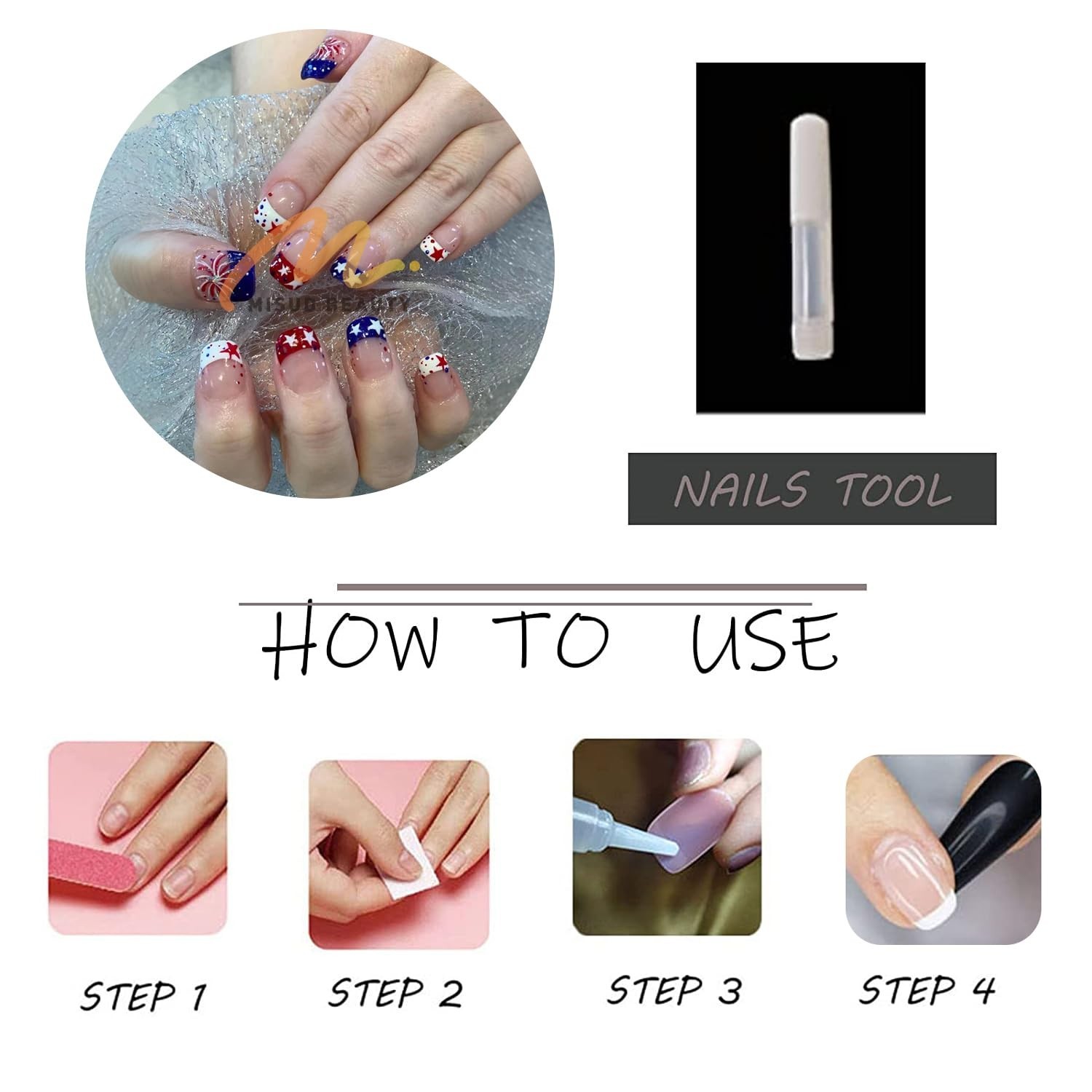 Acrylic Short Square Fake Nails Set – 4th of July French Tip Design (24 Pcs)