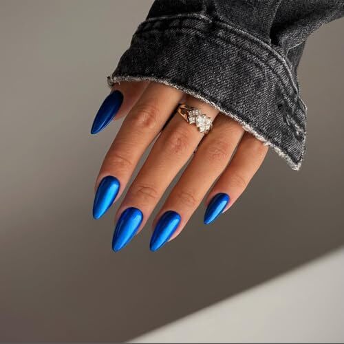 Mirror Metal Royal Blue Chrome Press on Nails Medium Almond chrome royal blue