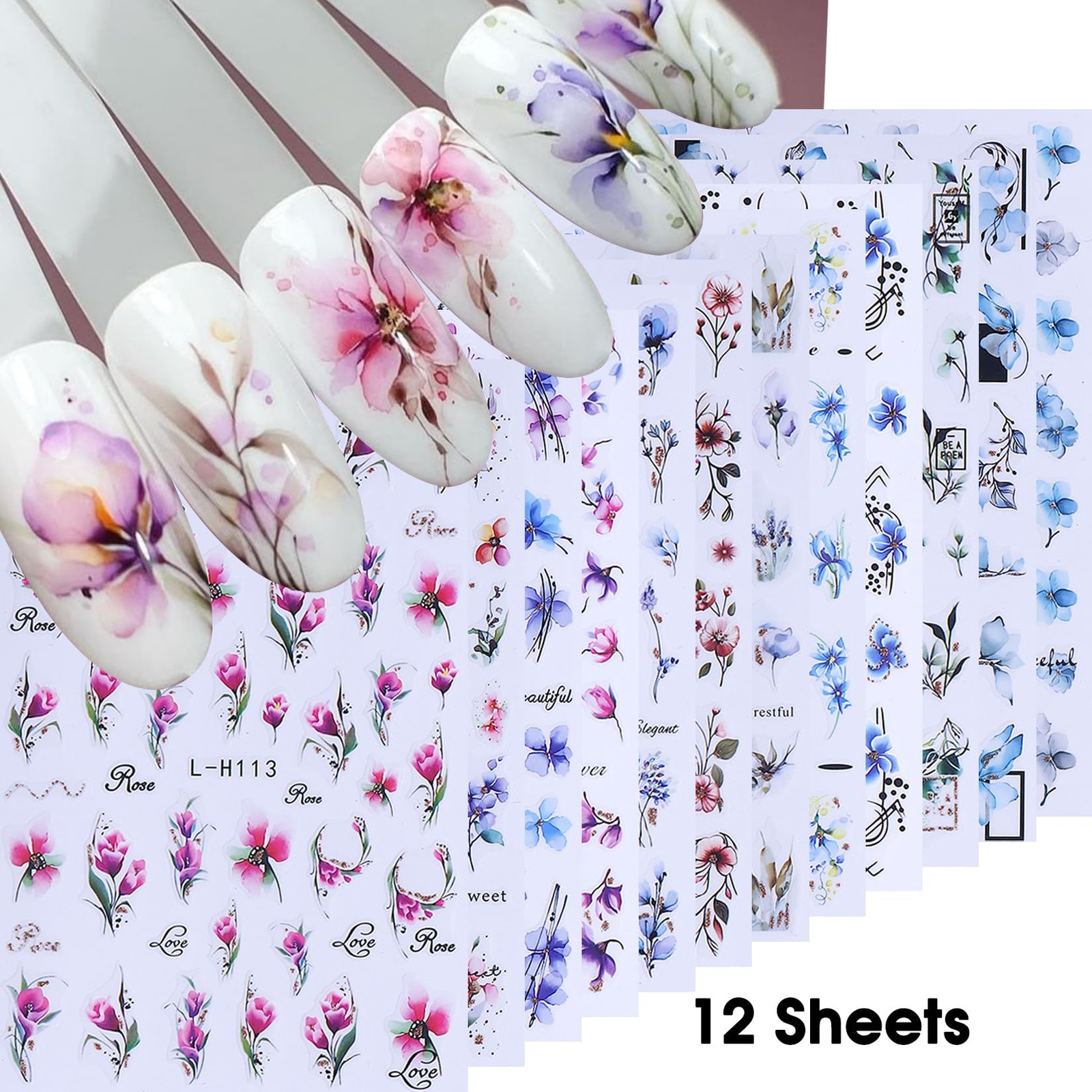 Ink Flower Nail Art Stickers 12 Sheets 3D -Adhesive Nail Decals with Tweezers…