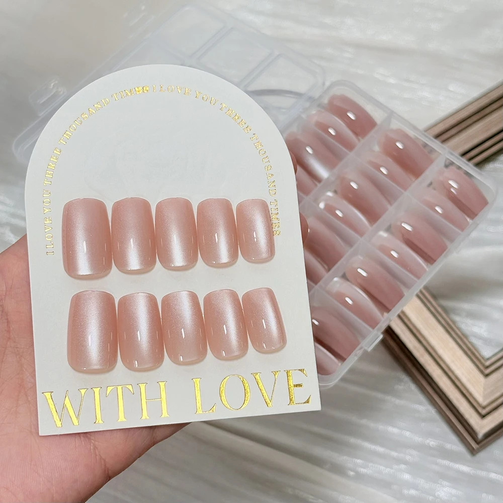 Glossy Short Round Press On Nails 144Pcs Nude Pink Cat Eye Detachable Fake Nails
