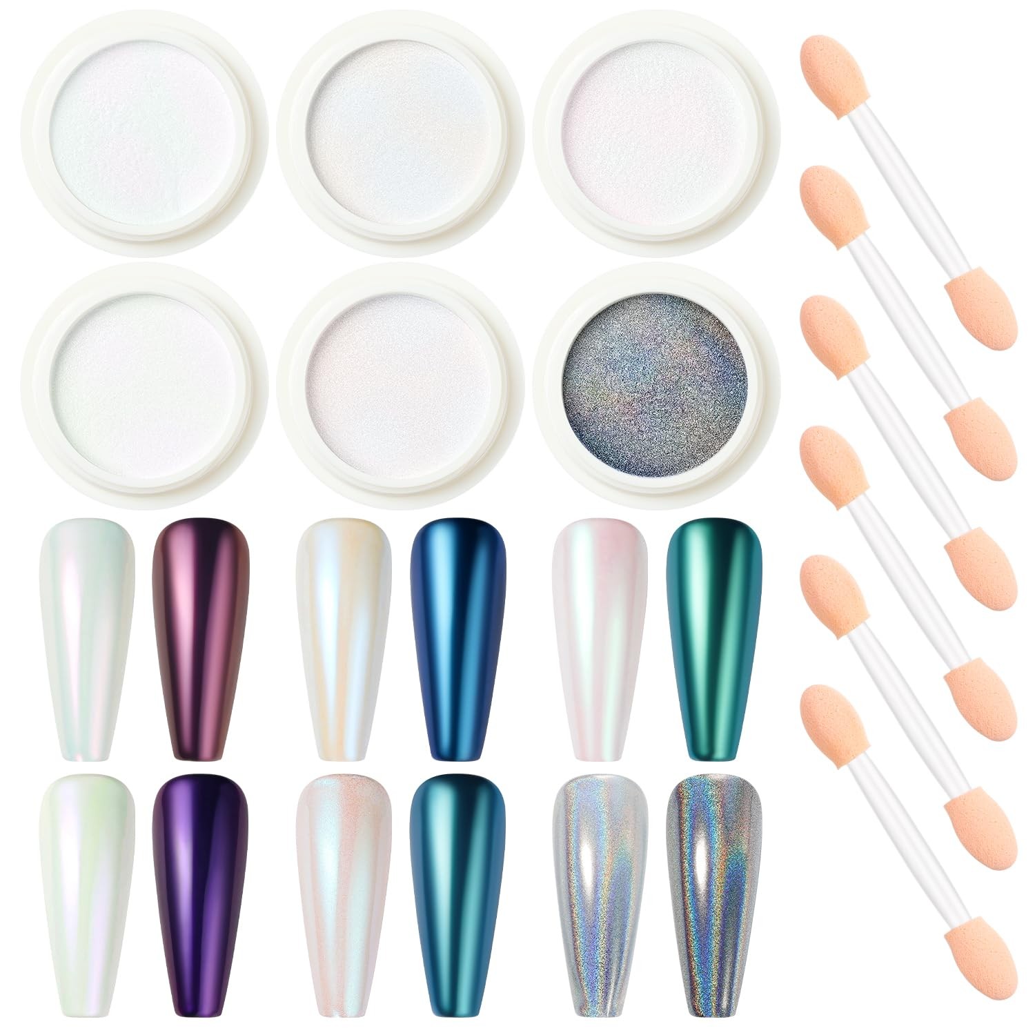 Aurora Nail Powder for Gel Nails, Cruelty Free, Vegan, 6 Jars Pearlescent Mer…