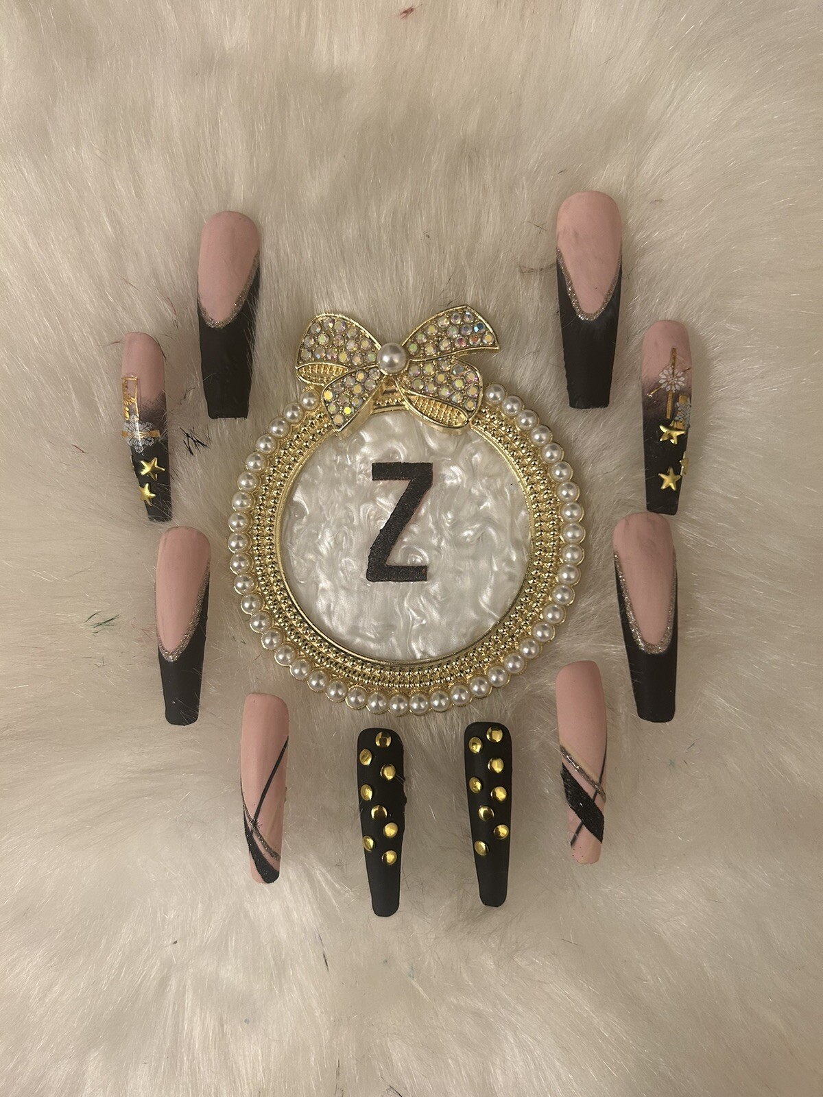 Z NAILZ! Gorgeous Handmade 2XL Matte Black/Gold/Nude Press On Nails 💅