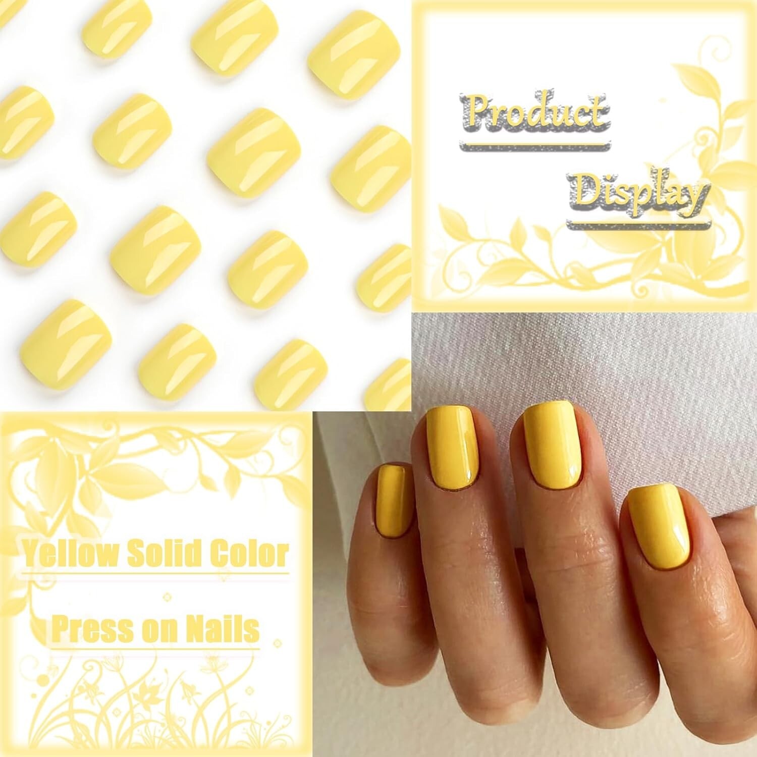 Press-On Manicure Nails 24 pieces short square solid color yellow acrylic fake