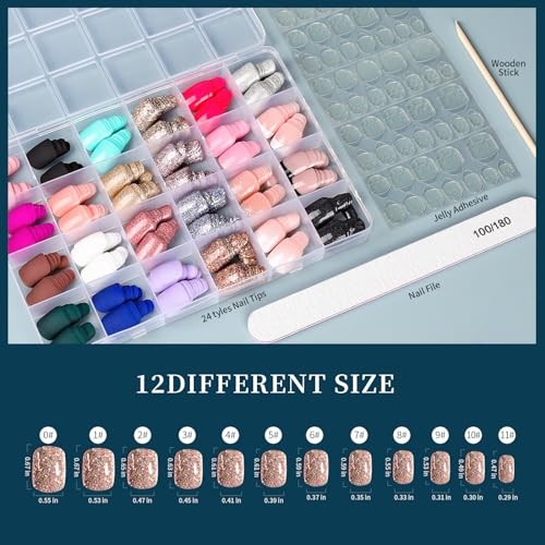 FANDAMEI 24 Colors 576PCS Press On Nails, Short Square Matte Glossy Glitter