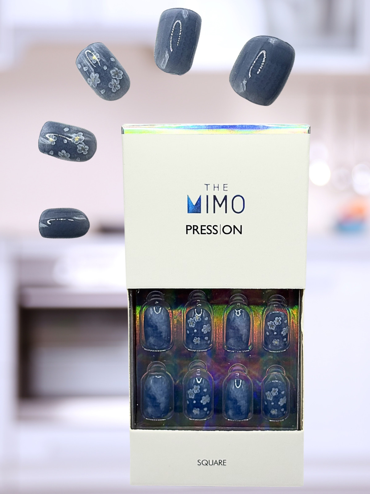 MIMO Press-On Nails Square Denim Blue Ombre with White Floral Accents, 24pCS