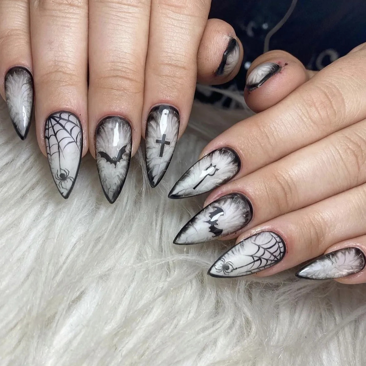 2025 Halloween Black Gothic Punk Almond Coffin Press On Nails Rose Bat Ghost Des