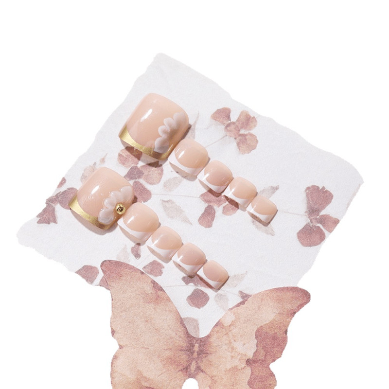 48Pcs-Short Square Nude White French Thin Gold Line Flower Toe Press on Nails
