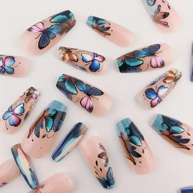 24pcs of Medium-Long Ballet 3D Printed Colorful Butterfly Wearable Nail Women