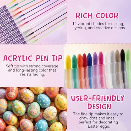 12 Colors Nail Art Pens Set, 0.7mm 3D Nail Polish Pens, Quick Dry, Long Lasting