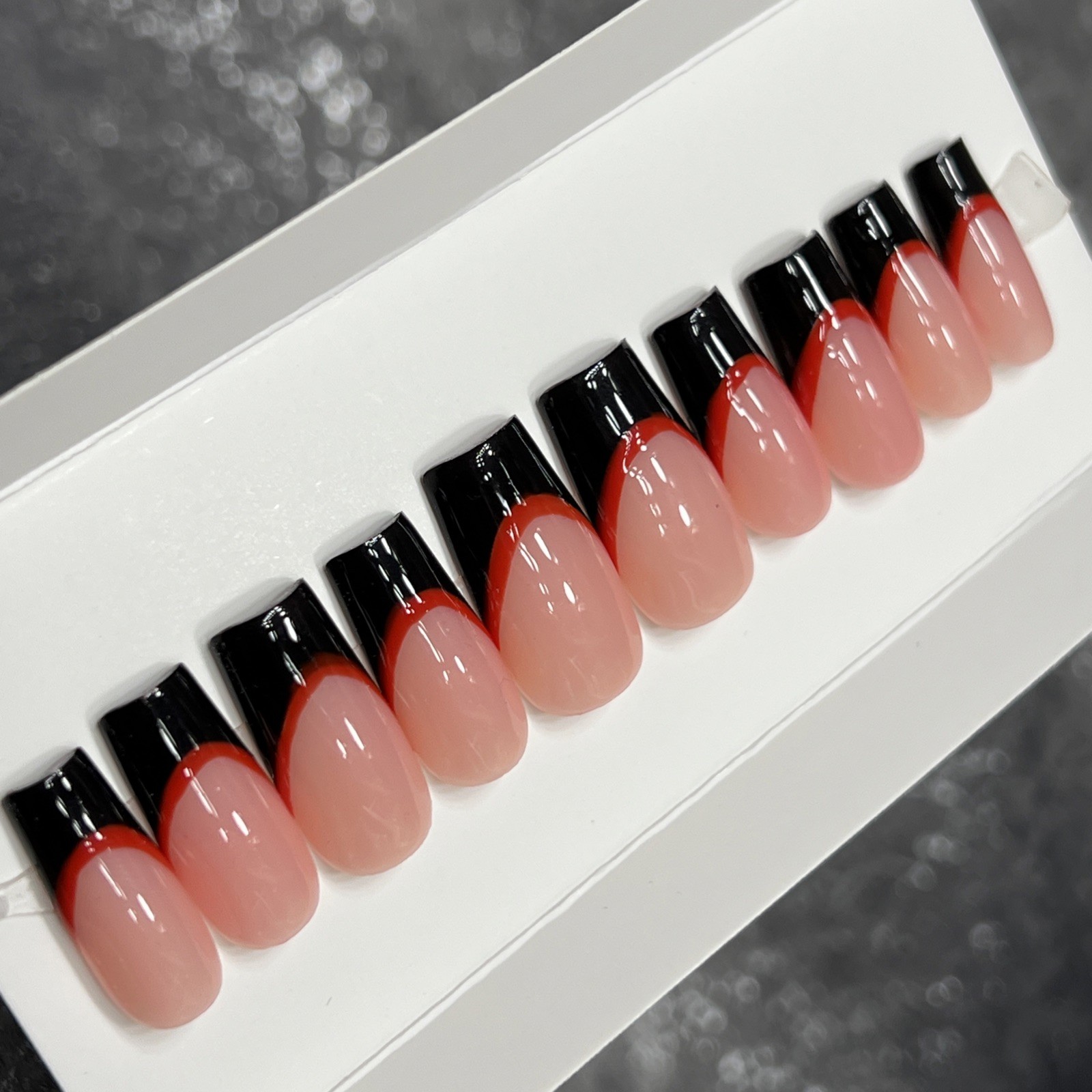 ❤️🖤 CUSTOM Press On Nails FRENCH BLACK RED BLING 10p SET W Kit