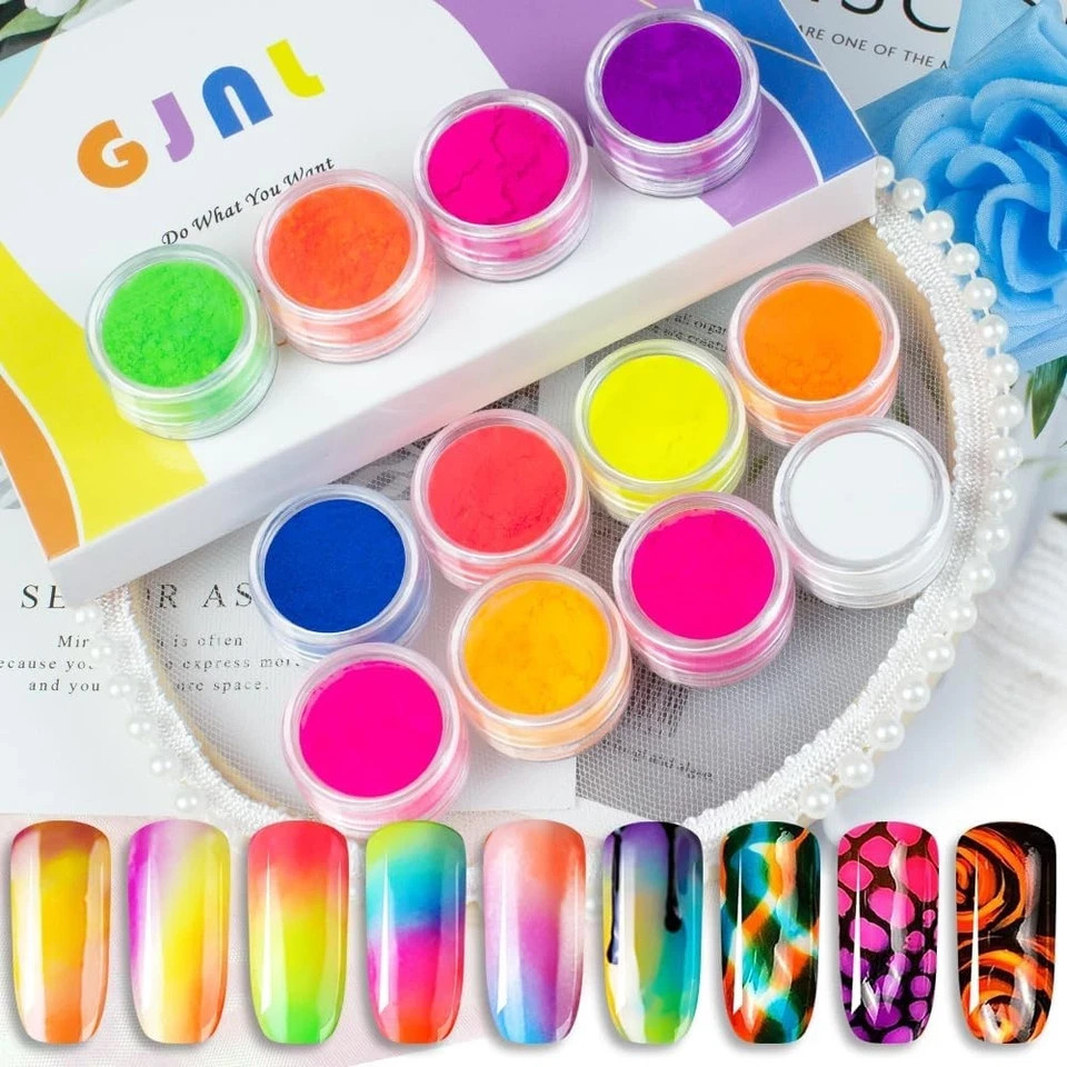 Neon Pigment Powder – 12 Fluorescent Rainbow Colors, 3D Nail Art, 12 Colors