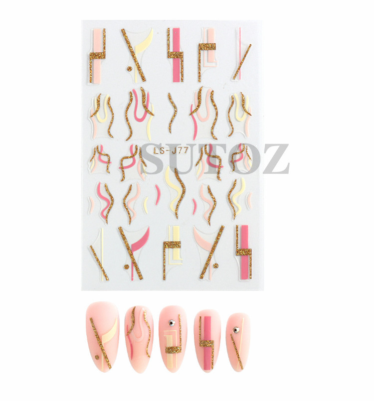 Golden Glitter French Lines Nail Stickers – Curve Wave Swirls, Pink Stripe NH22