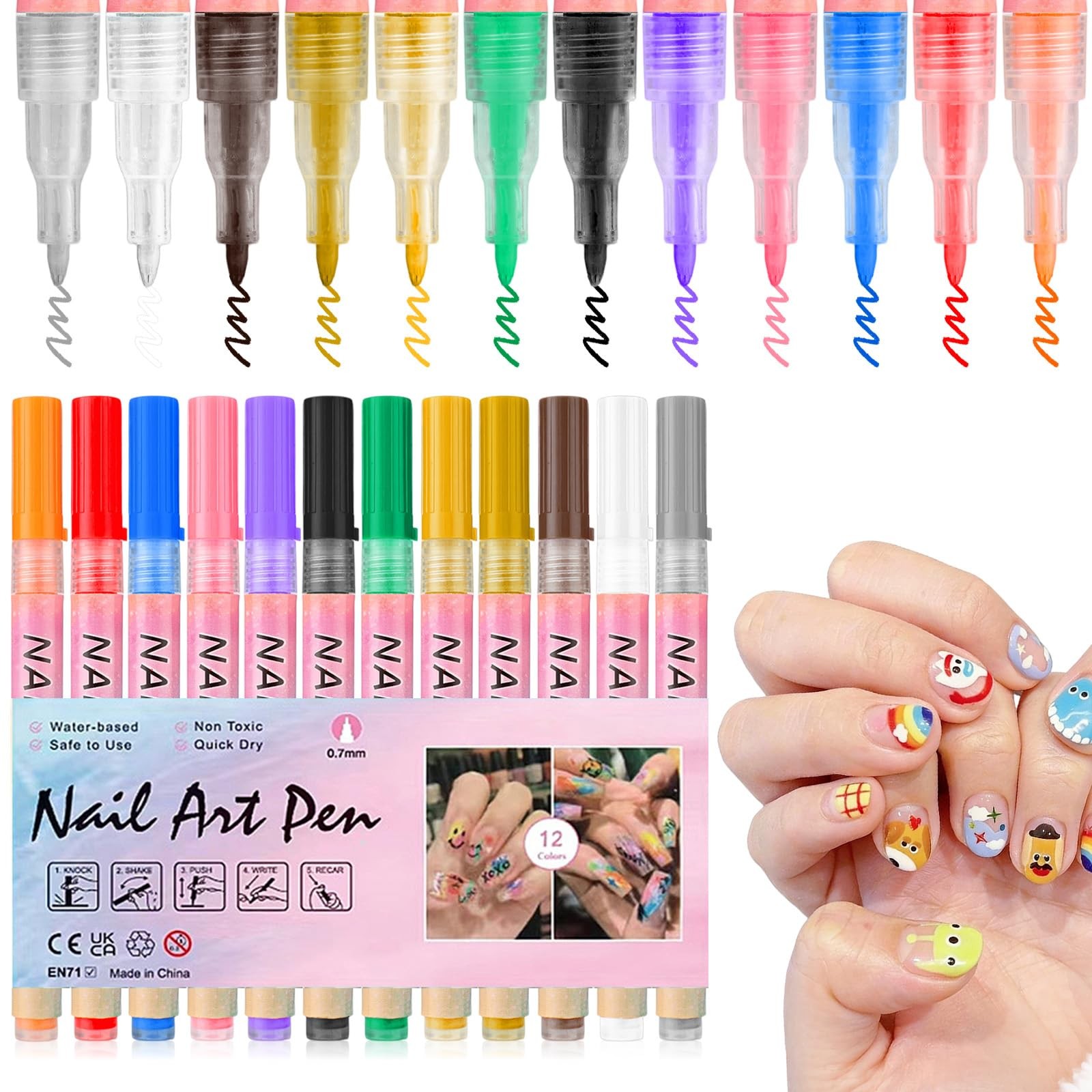 12 Colors Nail Art Pens Set, 3D Nail Polish Pens, Nail Art Pens for Dotting Draw