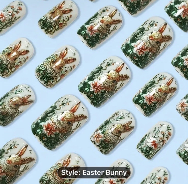 24 pc EASTER BUNNY Medium Square Nail Tips Finished Boxed Glue & Tabs Nails