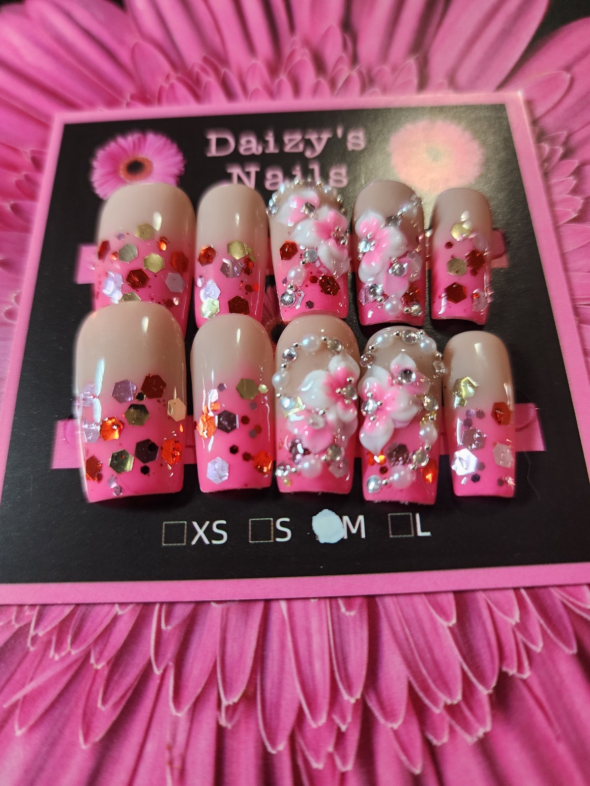Medium Size Pink Chunky Glitter 3D Floral Nail Set Handmade Square 2.5 Cm Length