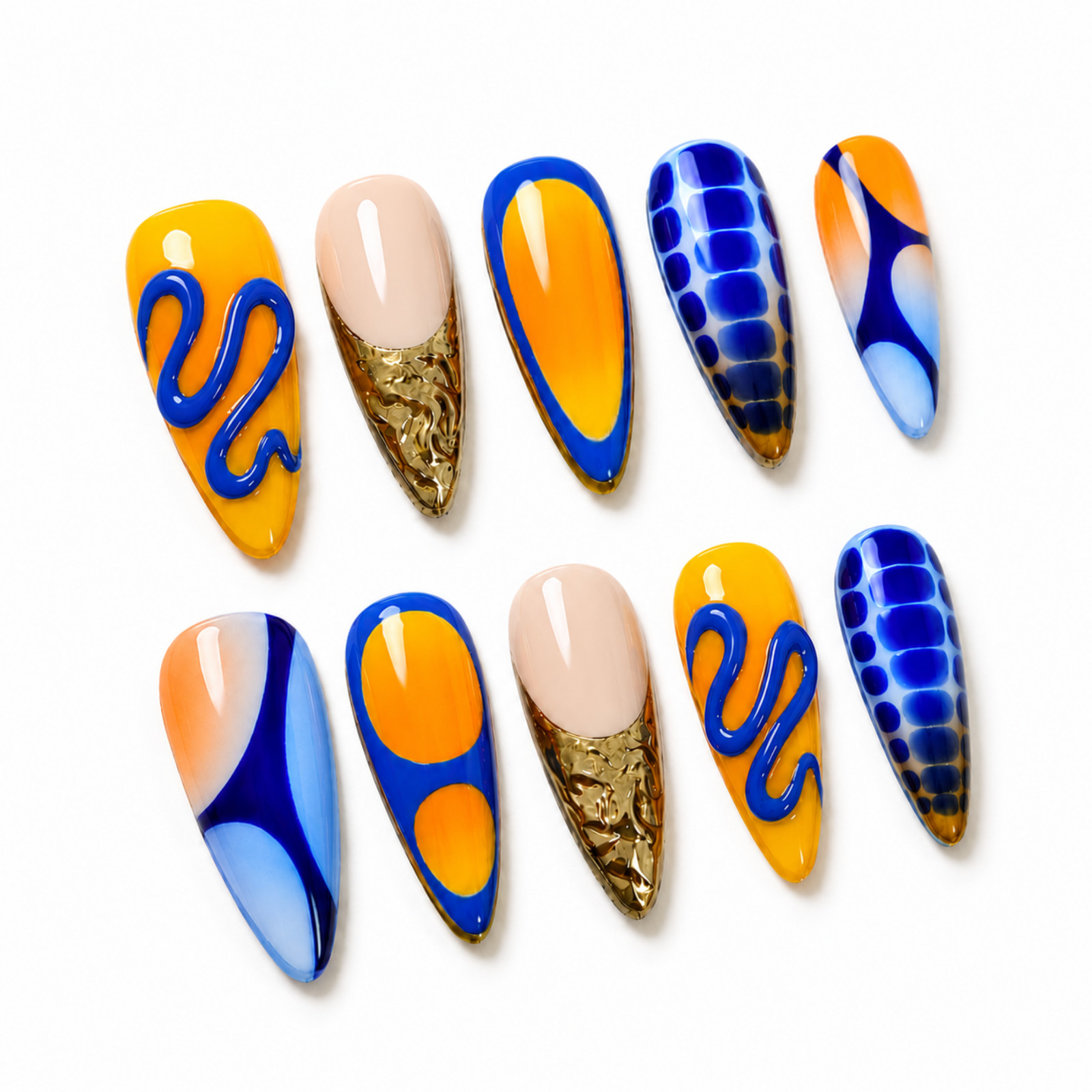Handmade Blue Orange Gold Abstract Press On Nails Custom Size Set