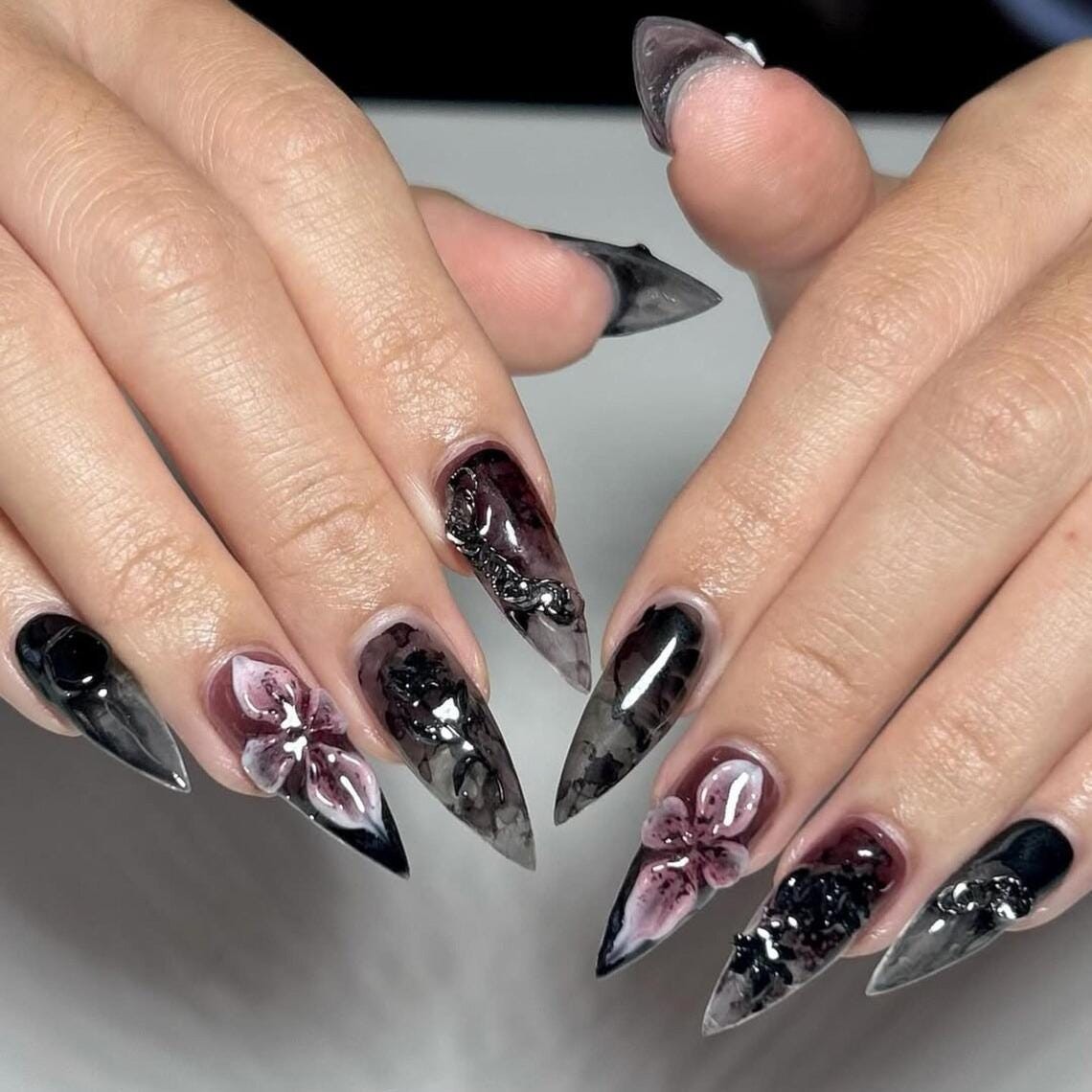 Custom Handmade Burgundy Smoke Floral Silver Charms Stiletto Press on Nails