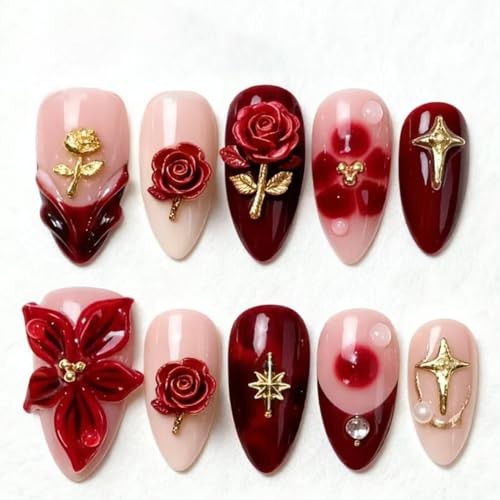 30Pcs Red Flower Press on Nails Short Almond French Tip Fake Nails Colorful -10