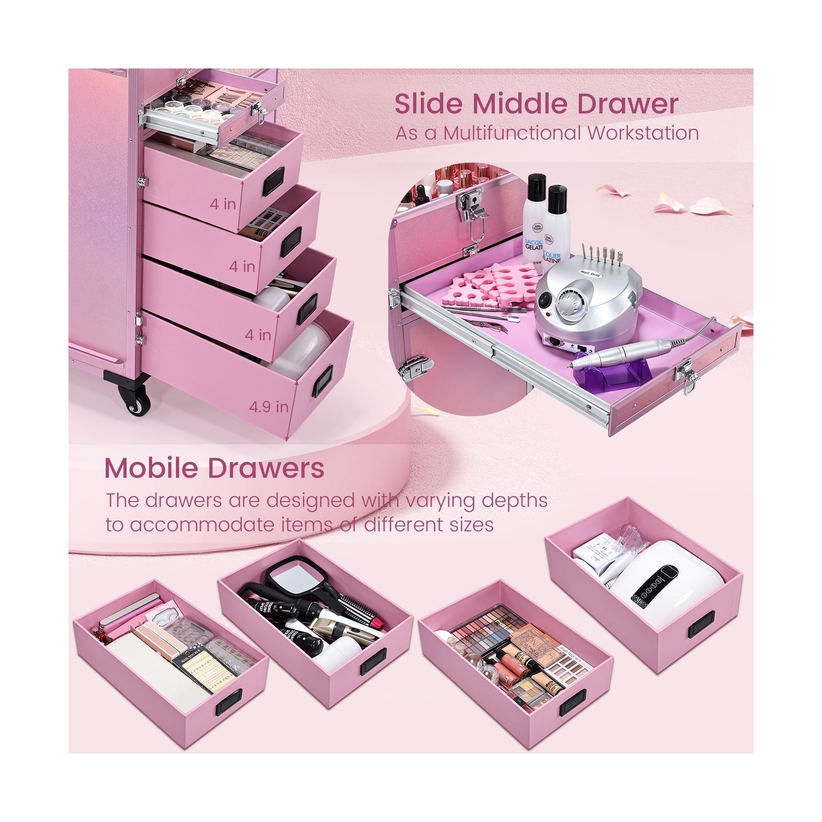Joligrace Rolling Manicure Table 5 Drawers Foldable Nail Desk Cosmetology Cas…