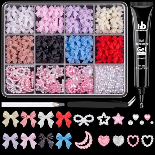 600 Pcs 3D Nail Charms and Flatback Pearls Set 1 – 8 Colors A Style with Glue