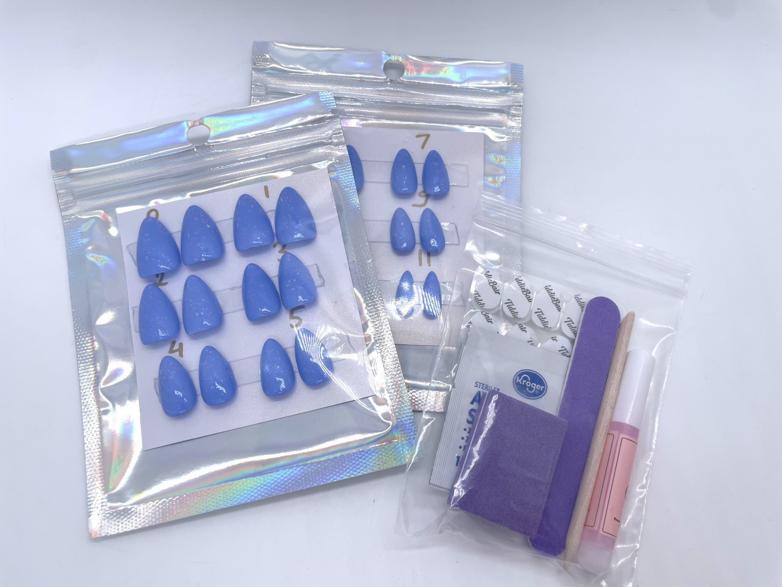 Handmade Gel Press On Nails Short Almond 24 Pieces Azure Blue Holographic