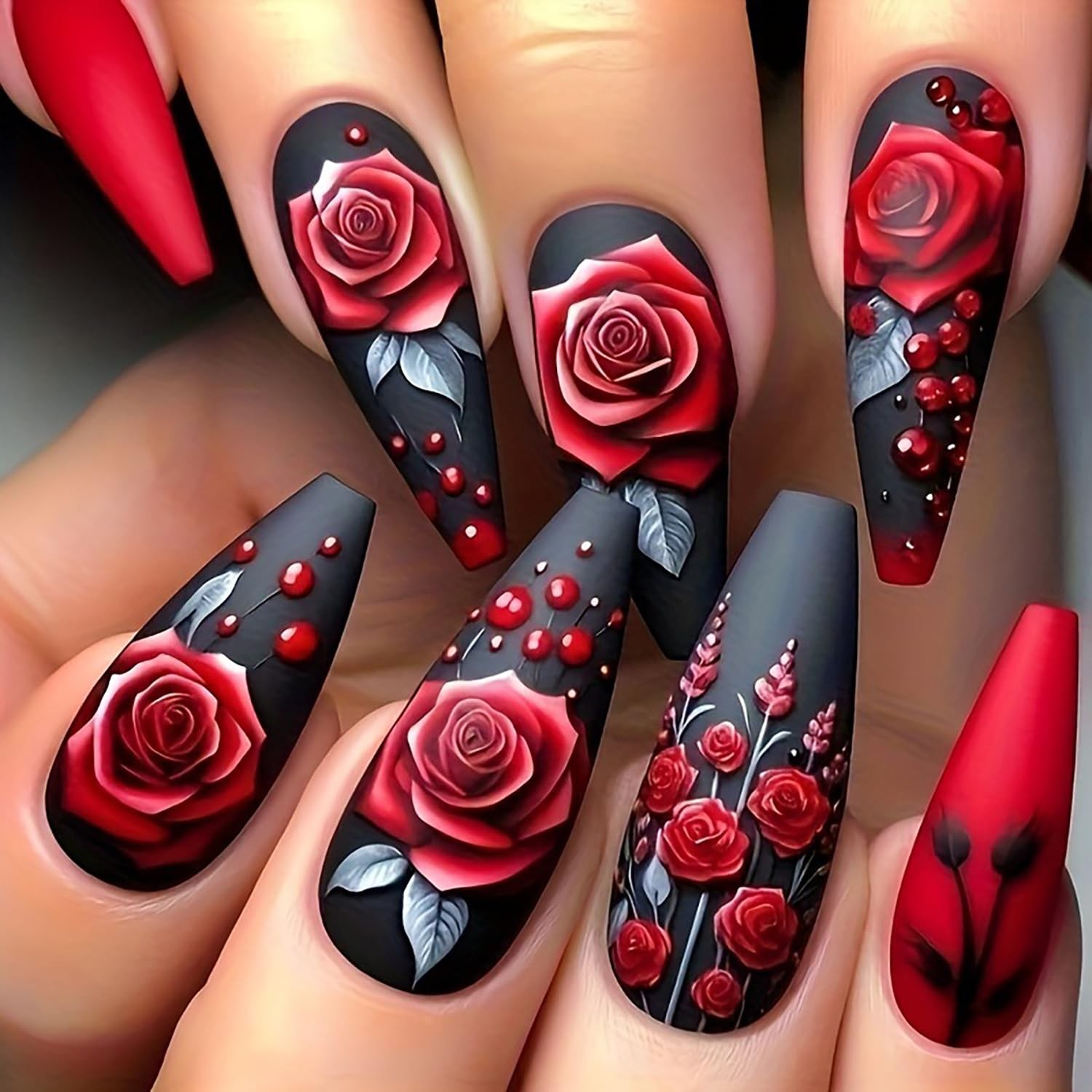 Romantic Valentines Press on Nails Red Rose Fake Long Coffin Multicolor