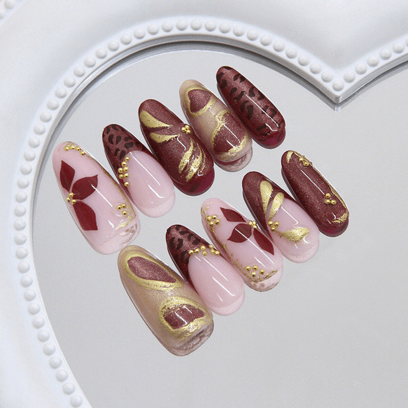 48pcs Wine Red Cat Eye Gold Foil Metal Nails, Retro Luxury Press on Nails