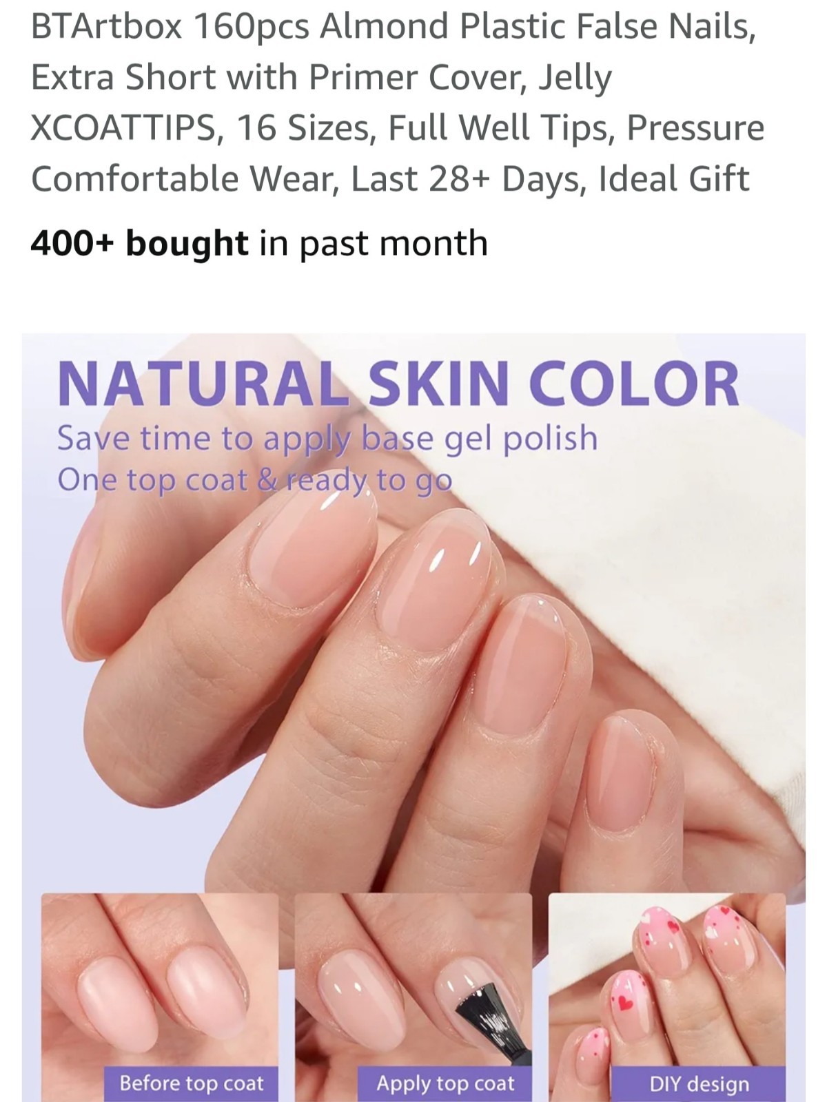 160pcs Almond Plastic False Nails, Extra Short with Primer Cover B38