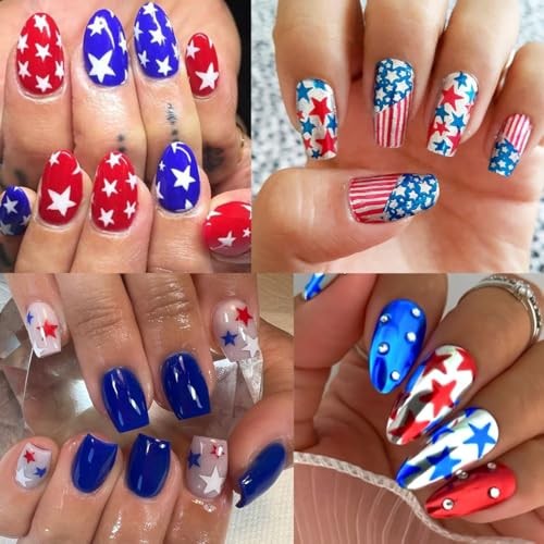 4th of July Nail Art Stickers, 6 Sheets Shiny Star Nail Red White Blue Star
