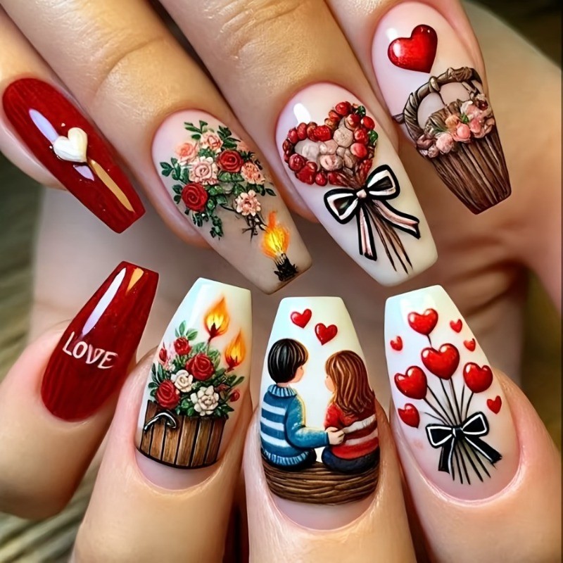 48 Pcs of Ballet Heart-shaped Multi-color Glossy Removable and Reusable Nail Art