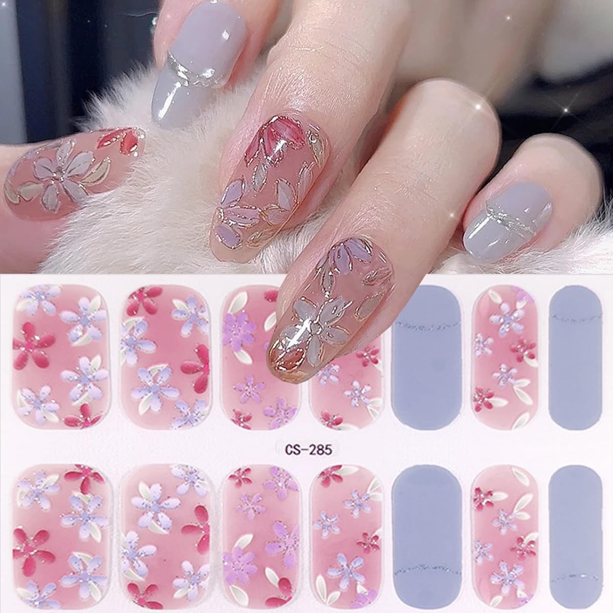 Flower Semi Cured Gel Nail Strips Gradient Gel Nail Sticker Self-Adhesive Ful…