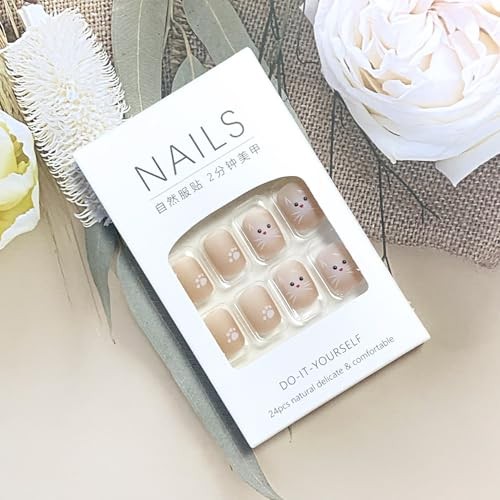 Press on Nails Square Short Length Acrylic Glossy Full Cover Cute White Cat