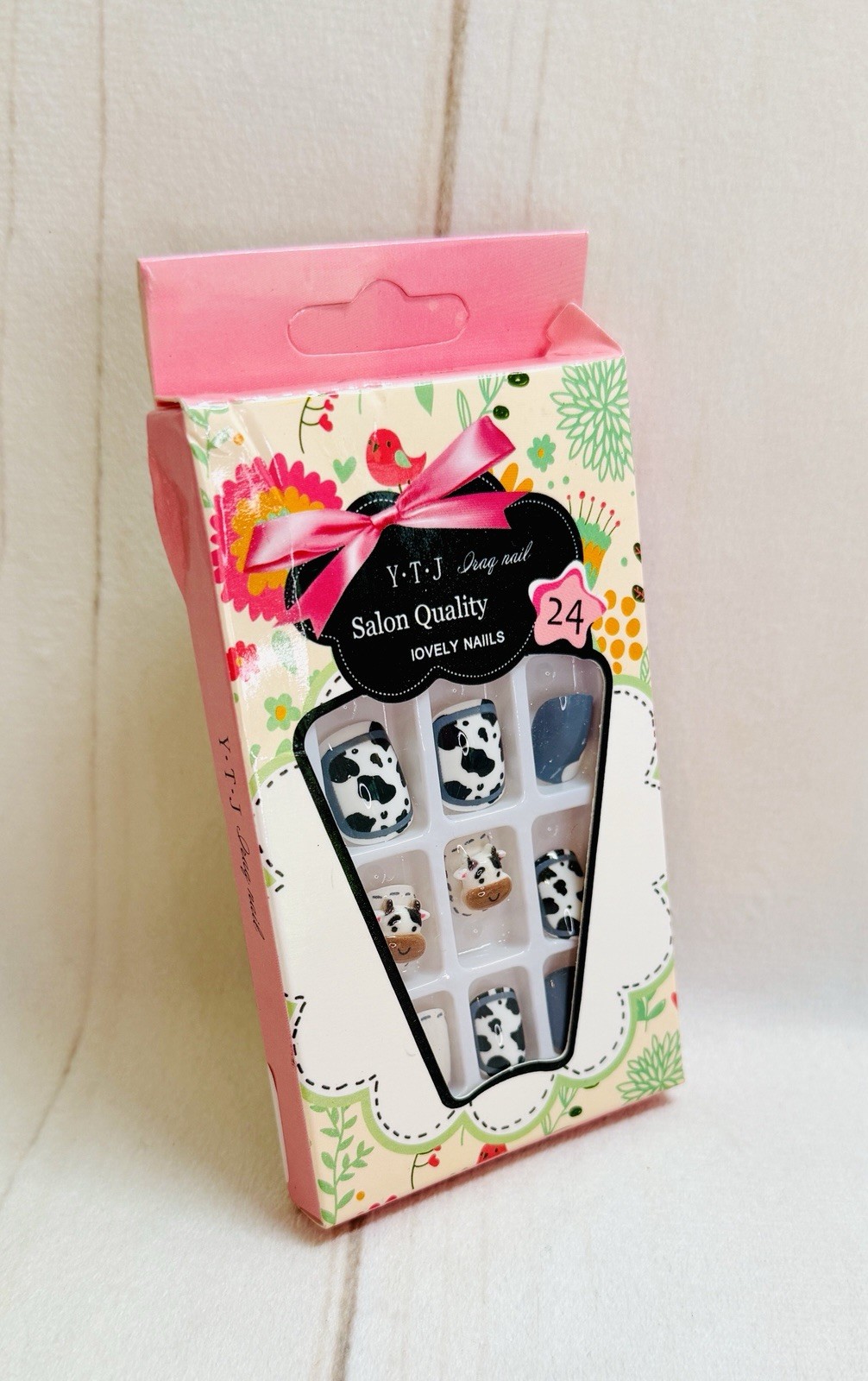 New in Box 24 Press On Ons Glue Nails Cow Print Themed 3D Heads Squoval