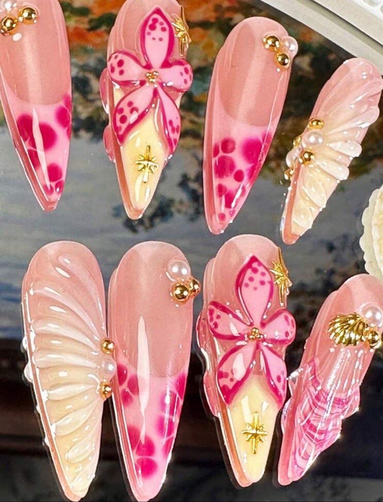 ENEN Medium Almond 3D Self-Adhesive Press-On Nails Pink White Gold Butterfly