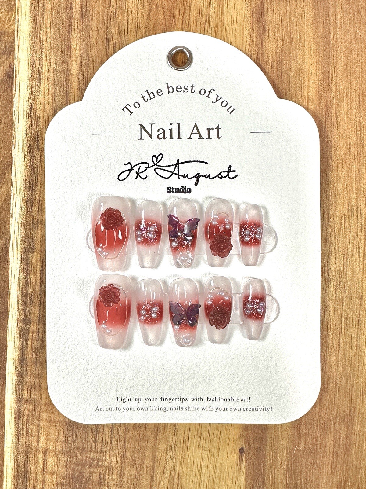 press on nails handmade red rose butterfly Long Coffin S M L