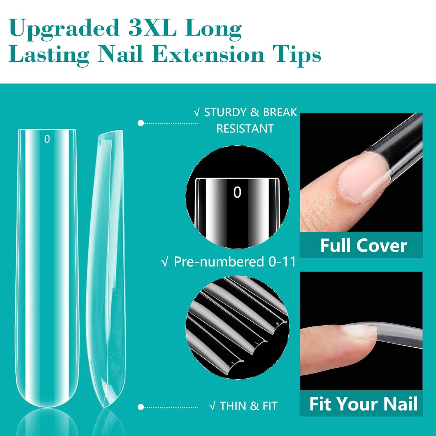 3XL Clear Full Cover Nail Tips for Acrylic Nails Professional, 240PCS Extra Long
