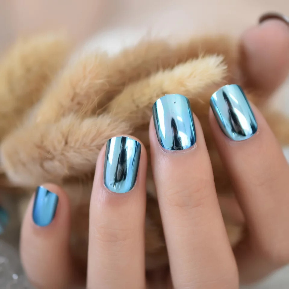 24 short blue chrome Press on nails kit w glue metallic mirror aqua