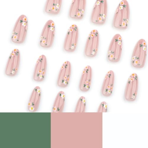 Pink Spring Press on Nails Almond Shape Fake Nails with Small Flower style8