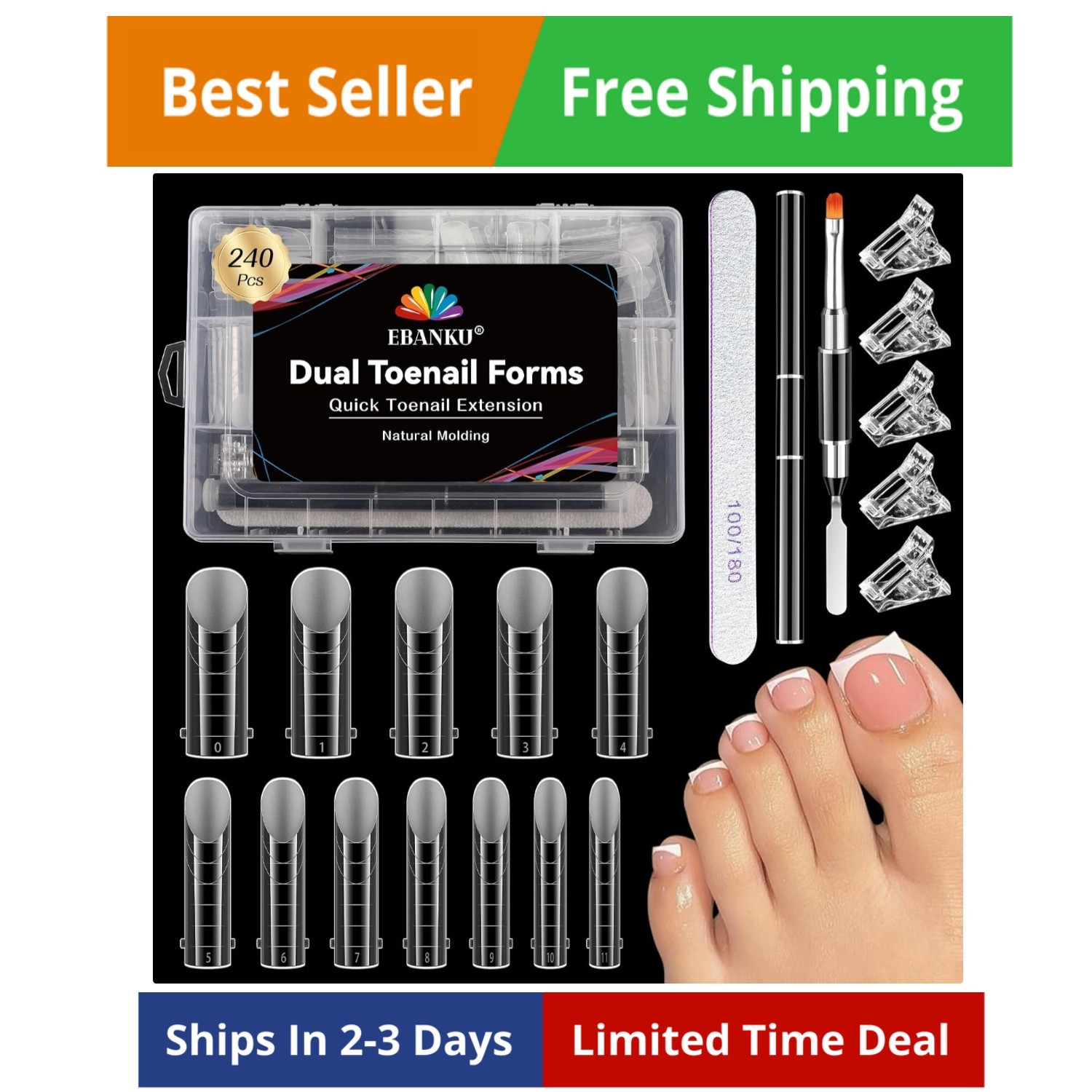 240 Pcs Poly Gel Toe Nail Form Kit – Reusable Dual Toe Molds for Acrylic Extens