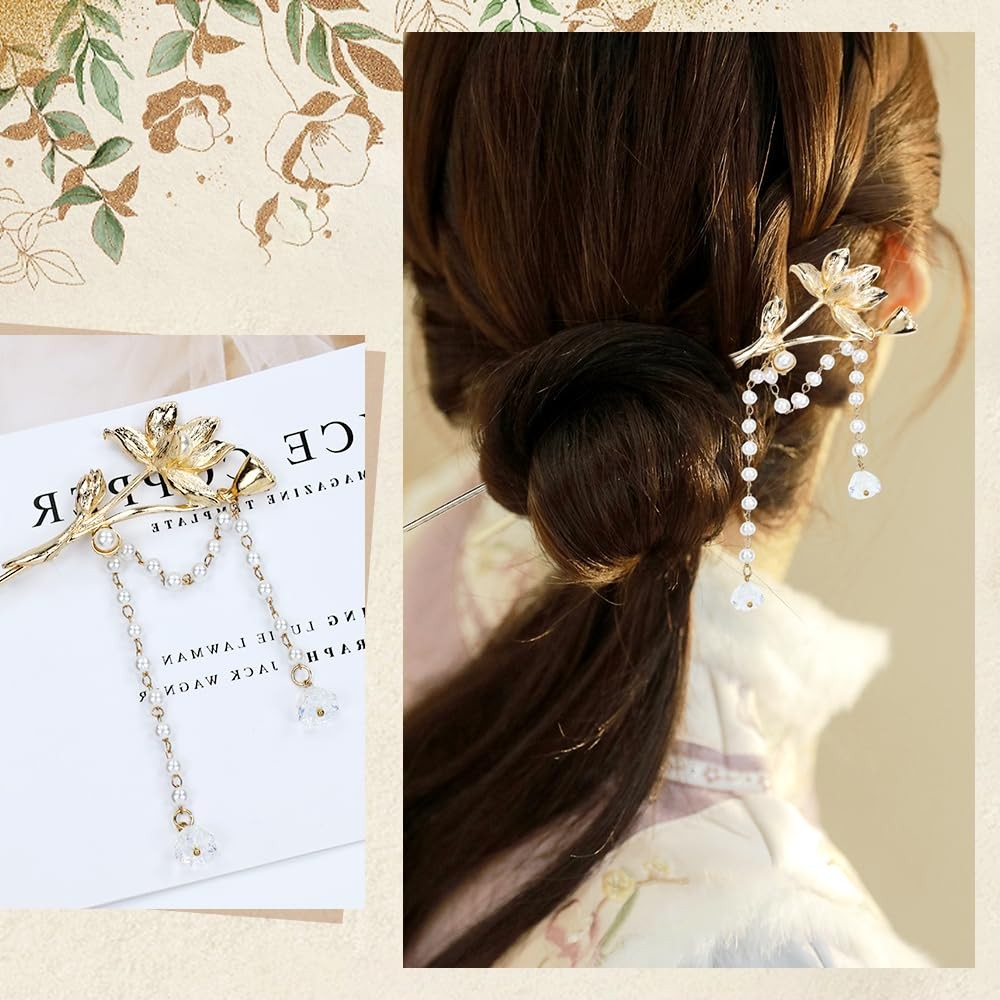 Lawie 1 Count (Pack of 10), 10 Pack Gold Decorative Hair Sticks with Tassels