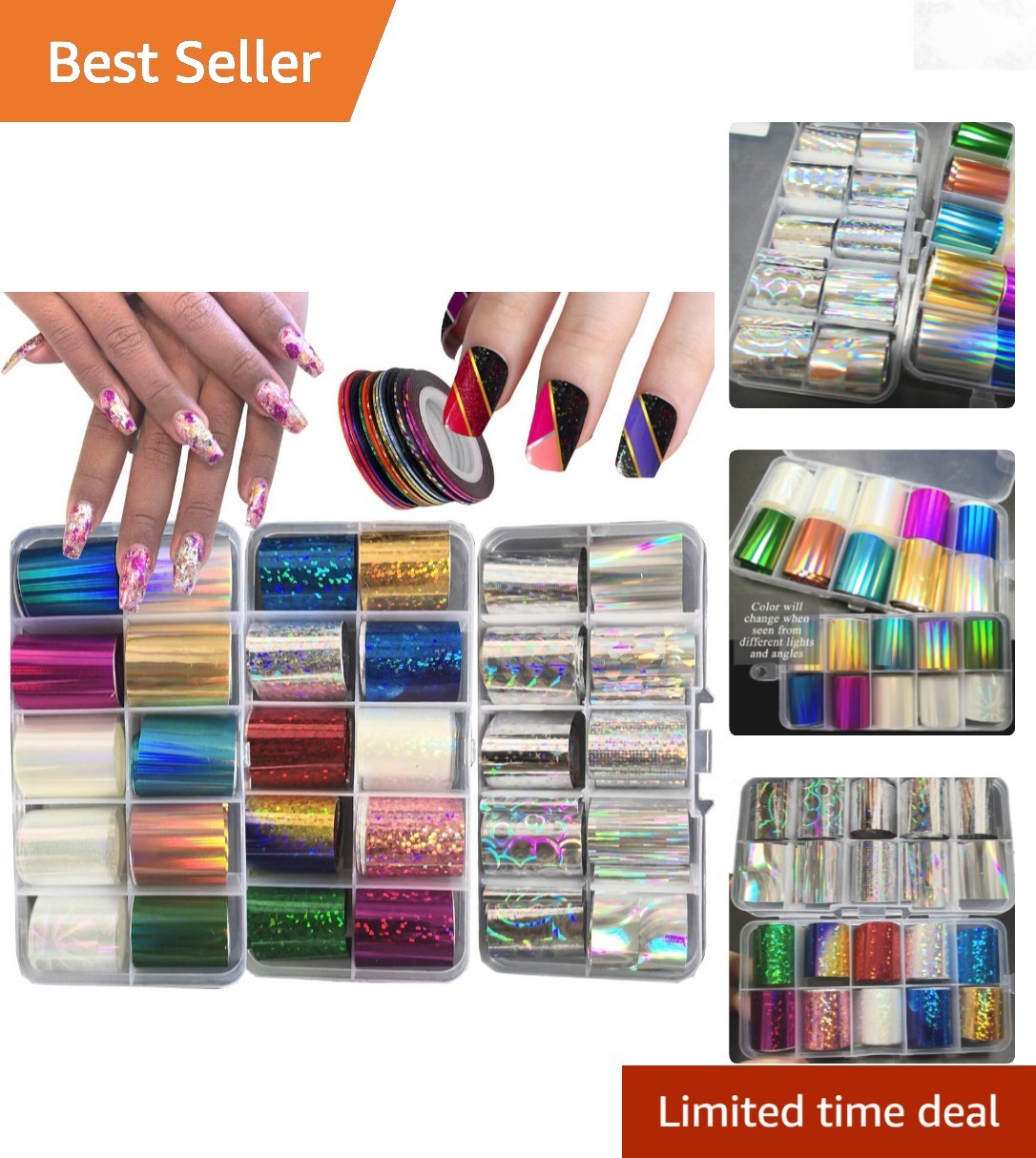 Silver Holographic Nail Foil Stickers 30 Designs 3 Pack Nail Art Transfer Tape