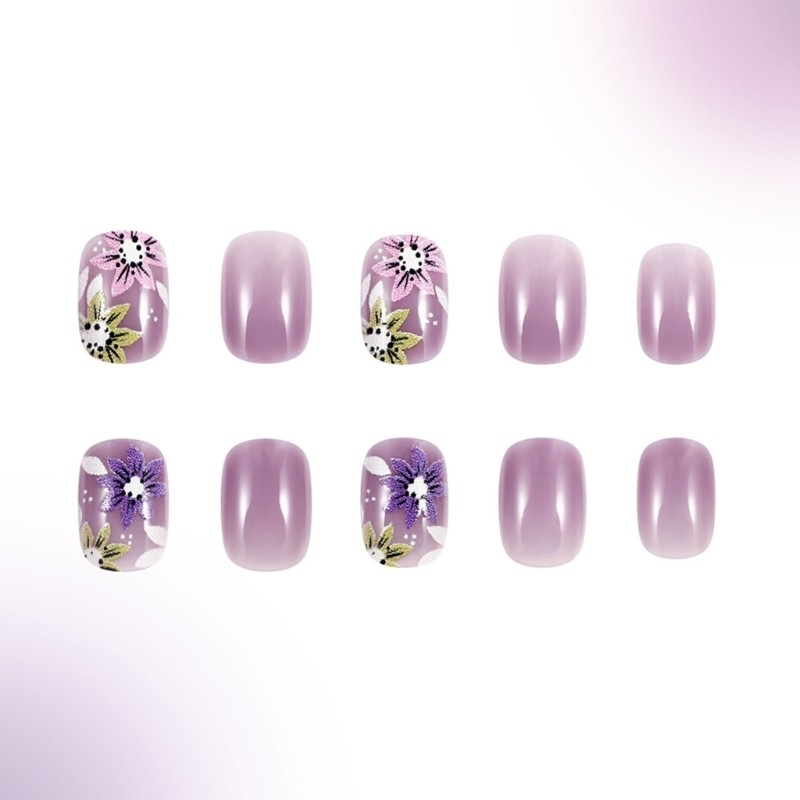 24 Pieces Short Square False Nail Purple Floral Designs Full Cover Nail Set