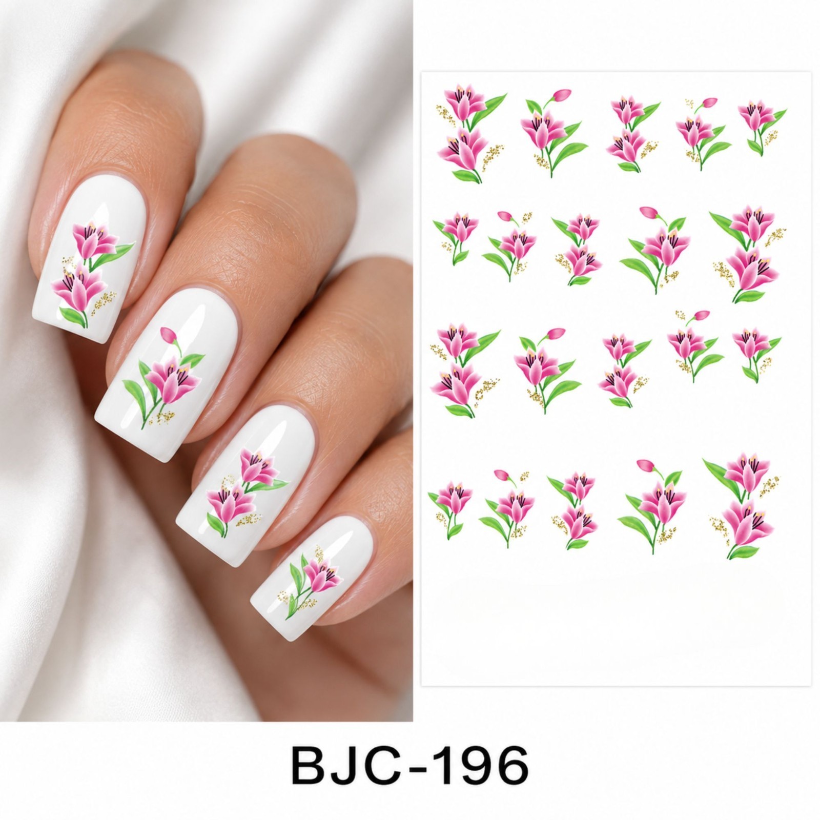 Pink Lily Floral Nail Decal White Square Nail Design Diy Nail Art Sticker Sheet