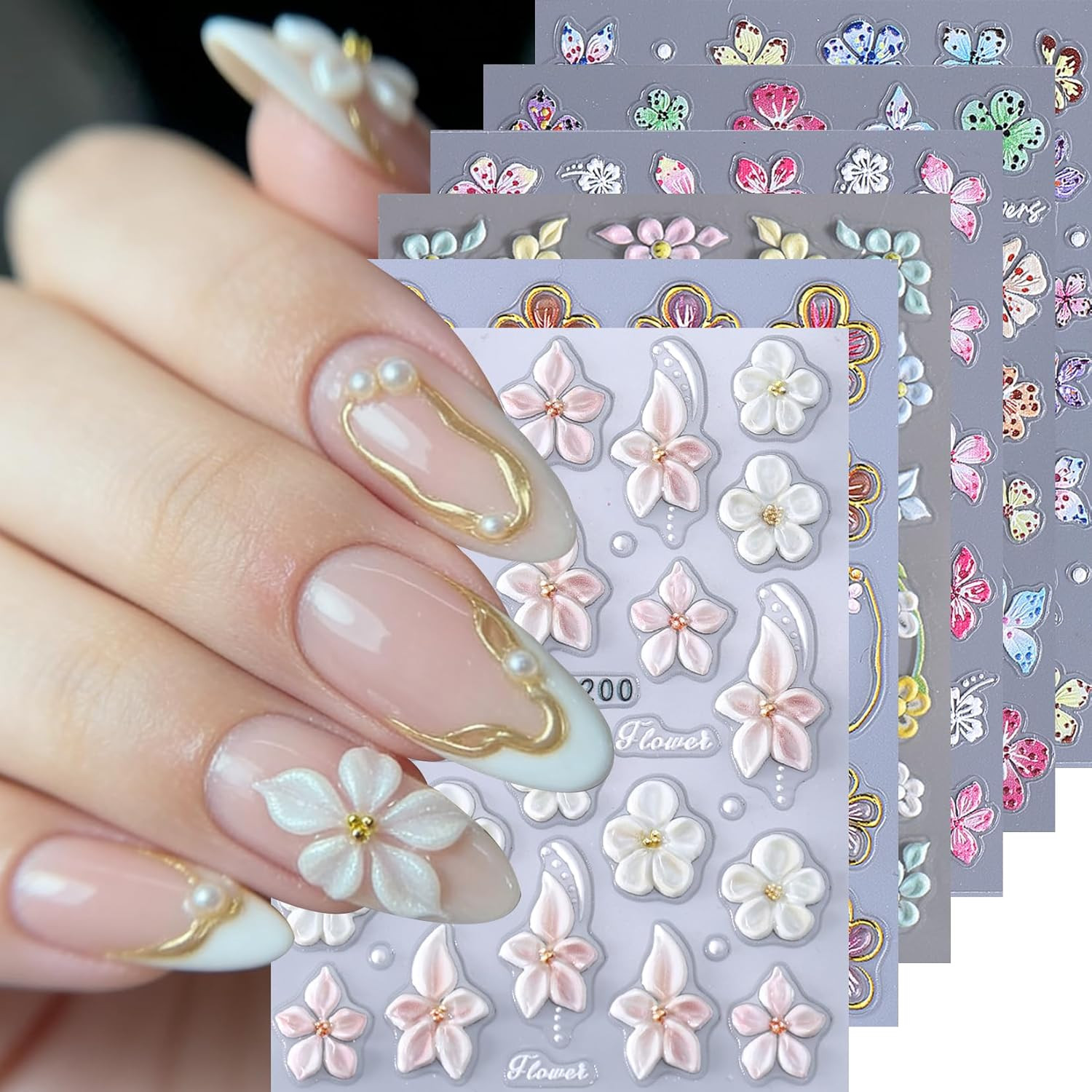 Flower Nail Art Stickers Decals 6PCS 5D Embossed Hibiscus Nail Stickers Self Adh