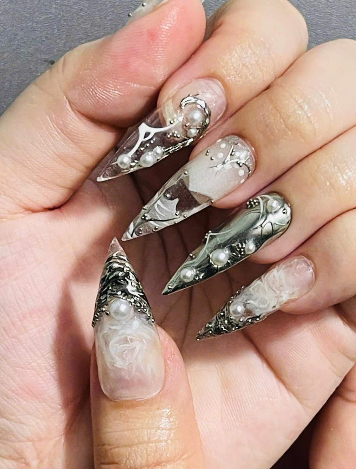 Handmade Custom Y2K Silver Metal Cross Butterfly Pearl Stiletto Press on Nails