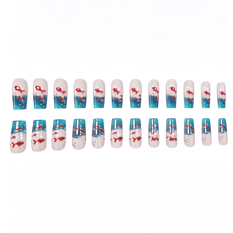 48Pcs Gradient Goldfish Coffin Press on Nails, Dreamy Creative Summer Fake Nails