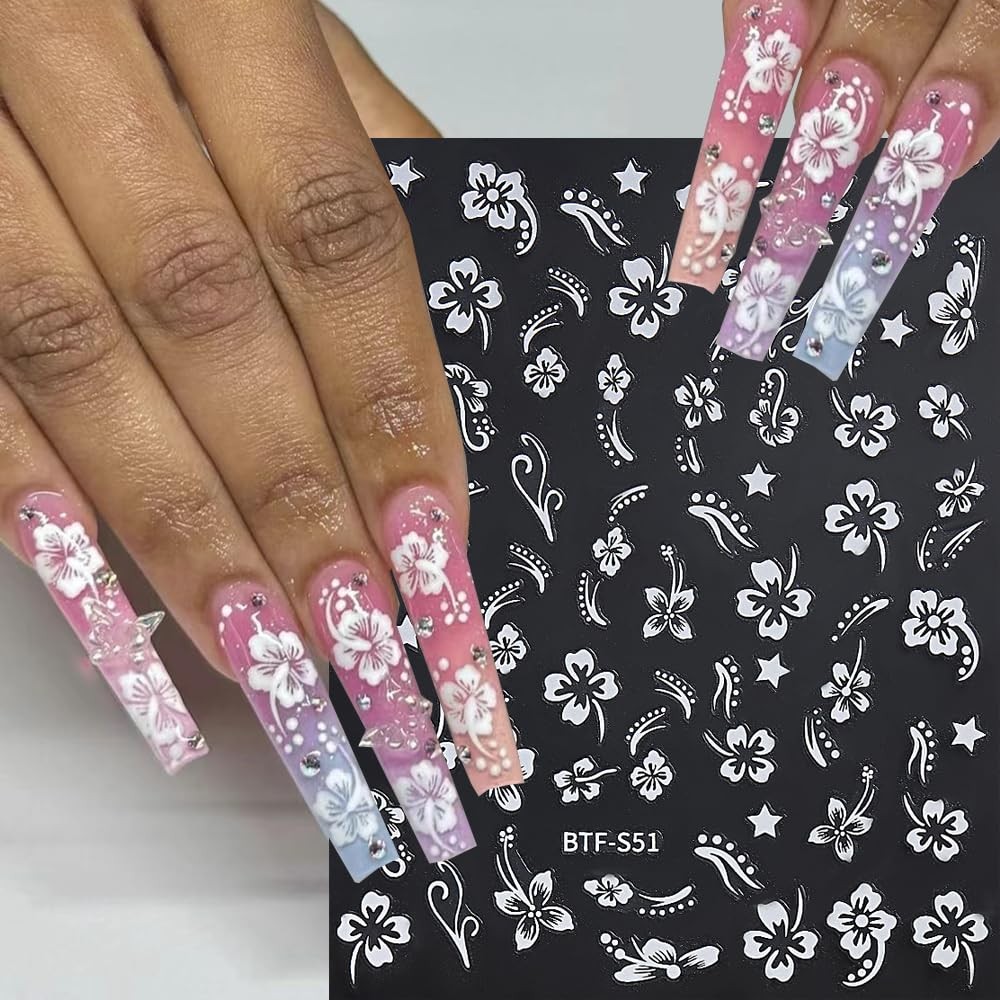 Flower Nail Stickers, Hibiscus Decals 3D Self-Adhesive